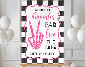 Editable Bad TWO the Bone Birthday Welcome Sign Skeleton Peace Banner Checkered Second Bday Party Entrance Poster Decor Toddler Supplies