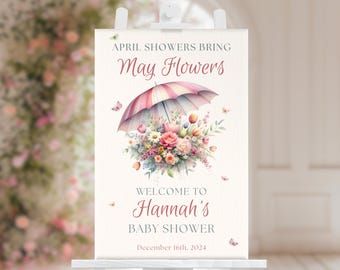 Kwietniowe deszcze przynoszą majowe kwiaty Tabliczka powitalna na baby shower Wiosenna uroczystość kwiatowa Tabliczka na przyjęcie z posypką dla dziecka Dekoracja Edytowalne pobieranie cyfrowe