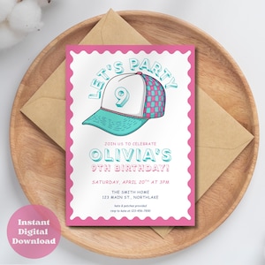 Editable Trucker Hat Bar Birthday Invitation Patch Party Girls Night Out Invite Bachelorette Craft Custom Printable Instant Digital Download