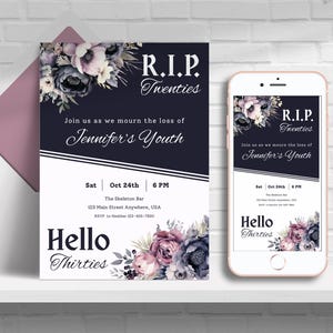 Editable RIP To 20S Birthday Invitation Template Funeral For My Youth30th Birthday Invite Template Gothic Floral Digital Instant Download