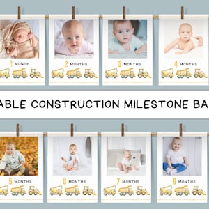 Modèle de bannière modifiable d'étape d'anniversaire de thème de construction, cartes d'image mensuelles de camion à benne basculante, décoration de 1ère année, téléchargement numérique imprimable