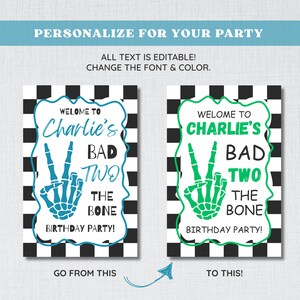 Editable Bad TWO the Bone Birthday Welcome Sign Skeleton Peace Banner Checkered Second Bday Party Entrance Poster Decor Toddler Supplies
