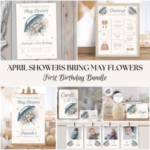 Pacote de convites para o primeiro aniversário, chuvas de abril trazem flores de maio, flores silvestres da primeira primavera, download digital instantâneo personalizável floral para meninas