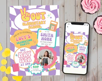 Retro Peace Out Graduation Party Invitation: Editable Digital Download