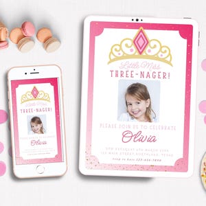 Editable Little Miss Threenager Digital Birthday Invitation, Girl Third Birthday Invite, Pink 3rd Birthday Party Template, Instant Download