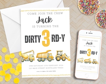 Birthday Invitation Construction Theme for Boy Editable Dump Truck and Excavator Party Invite Printable Dirty Third Birthday for Kids Print