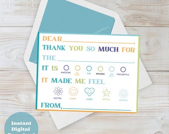 Printable Kids Thank You Cards Fill In The Blank Birthday Party Notes Gratitude Practice Activity Editable Digital Template Instant Download