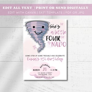 Editable FOURnado Birthday Invitation Tornado Birthday Invite Girl Forth Birthday Printable Weather 4 year Template Instant Digital Download