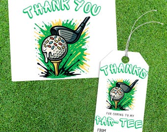 Tarjeta de agradecimiento de cumpleaños de golf personalizada, etiqueta de recuerdo para fiesta de minigolf, decoración de putt, plantilla temática Lets Par-TEE, descarga digital instantánea