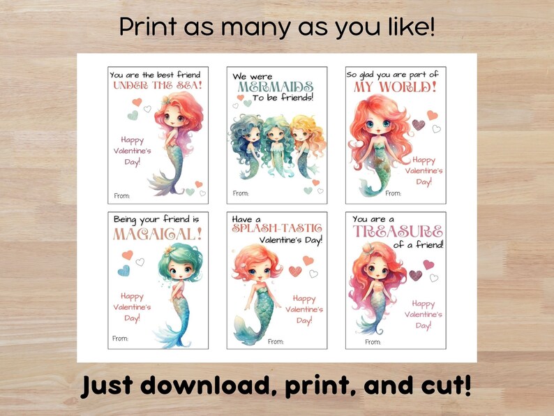 Printable Mermaid Valentines Day Cards for Kids, Mermaid Classroom ...