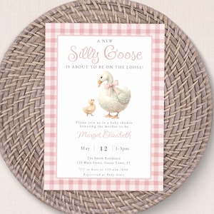 Faire-part de naissance neutre entre les sexes Vichy, invitation modifiable Silly Goose bleu fille, saupoudrer de carreaux classiques en téléchargement numérique