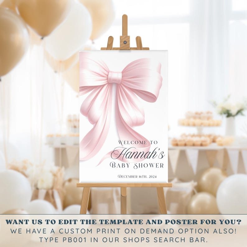 Różowa kokardka na powitanie na baby shower Nowoczesny różowy rumieniec na wejściu Kokietka Elegancka dziewczynka Canva Edytowalna Natychmiastowa cyfrowa wersja do pobrania zdjęcie 9