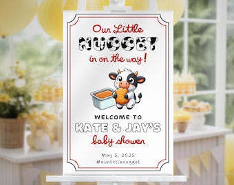 Edytowalny znak powitalny na baby shower z kurczakiem Nugget, plakat na baby shower z motywem fast food, znak wejściowy z natychmiastowym pobraniem cyfrowym