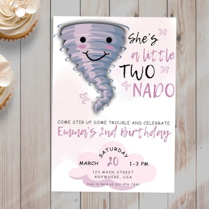 Modèle d'invitation d'anniversaire modifiable deux nado, deuxième invitation numérique tornade, fille amusante 2e thème météo tempête Twister téléchargement immédiat