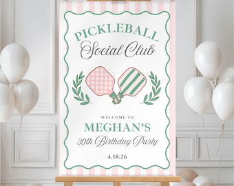 Letrero de bienvenida de Pickleball editable, fiesta de cumpleaños preppy, despedida de soltera de Pickleball, imprimible, bebida, jubilación, último swing, descarga digital