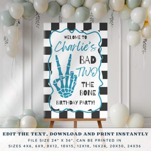 Editable Bad TWO the Bone Birthday Welcome Sign Skeleton Peace Banner Checkered Second Bday Party Entrance Poster Decor Toddler Supplies