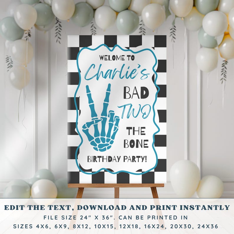 Editable Bad TWO the Bone Birthday Welcome Sign Skeleton Peace Banner Checkered Second Bday Party Entrance Poster Decor Toddler Supplies
