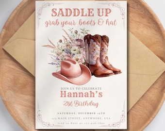 Editable 21st Cowgirl Birthday Invitation Pink Rodeo Digital Party Invite Template Western Saddle Up Celebration Any Age Instant Download