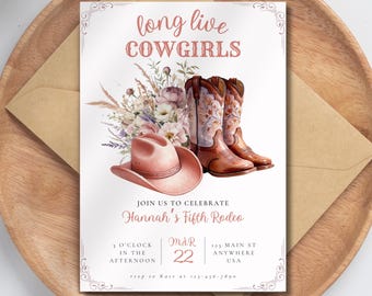Invitación de cumpleaños editable de vaquera, fiesta de rodeo retro rosa, ¡Viva la vaquera!, plantilla personalizada de cualquier edad, descarga digital instantánea.