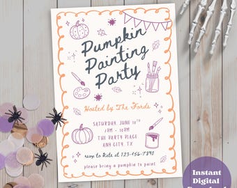 May include: A white invitation with orange and purple accents for a pumpkin painting party. The text reads "Pumpkin Painting Party" with illustrations of pumpkins, paintbrushes, and leaves. Includes event details and a call to RSVP.