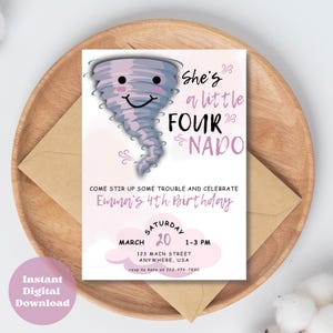 Editable FOURnado Birthday Invitation Tornado Birthday Invite Girl Forth Birthday Printable Weather 4 year Template Instant Digital Download