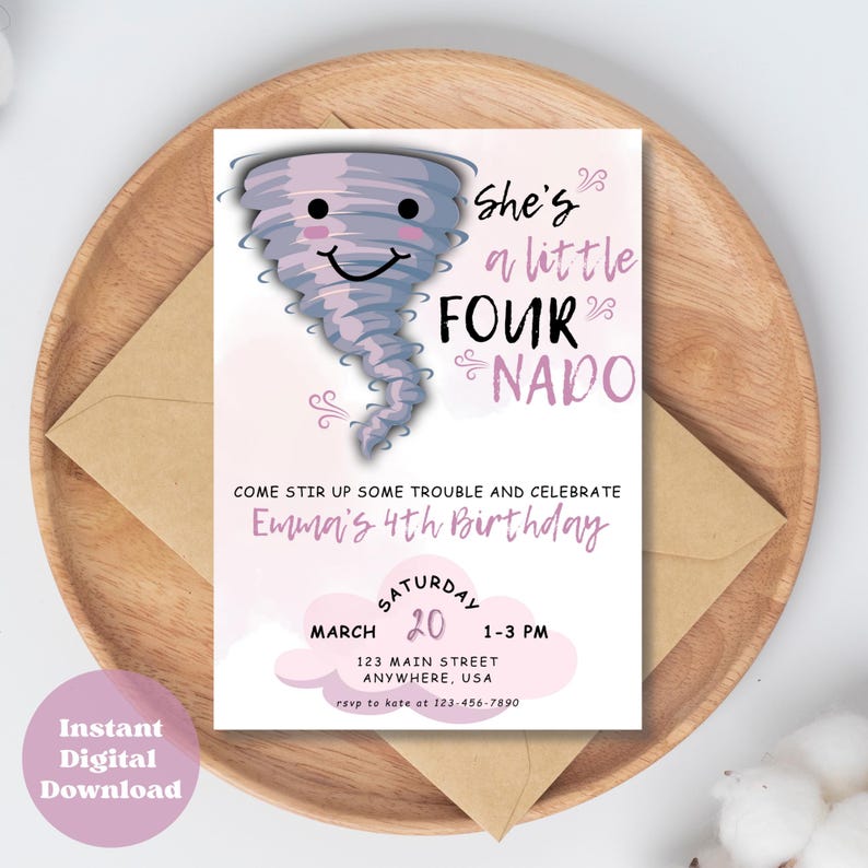 Editable FOURnado Birthday Invitation Tornado Birthday Invite Girl Forth Birthday Printable Weather 4 year Template Instant Digital Download