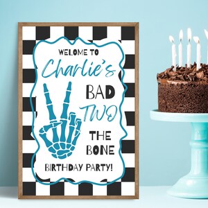 Editable Bad TWO the Bone Birthday Welcome Sign Skeleton Peace Banner Checkered Second Bday Party Entrance Poster Decor Toddler Supplies