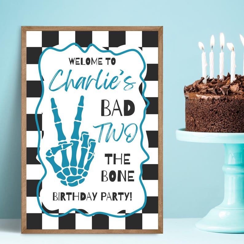 Editable Bad TWO the Bone Birthday Welcome Sign Skeleton Peace Banner Checkered Second Bday Party Entrance Poster Decor Toddler Supplies