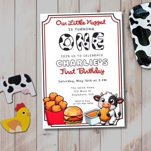 Invitación editable para el primer cumpleaños de Our Little Chicken Nuggets. Invitación para el primer cumpleaños de Chick Fil. Tema de comida rápida. Descarga digital instantánea.