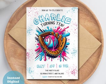 Baseball Drip Ice Cream Birthday Invitation Editable Softball Party Invite Neon Sports Pool Party Allstar Rookie Instant Digital Download