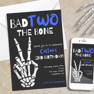 Bad TWO the Bone Birthday Invitation, 2nd Birthday Invite, Editable Skeleton Invite, Rock and Roll Theme Halloween Instant Digital Download
