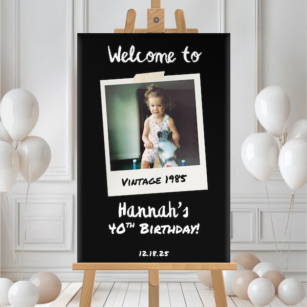 Editable Retro Adult Birthday Welcome Sign Vintage Polaroid Party Entrance Poster Milestone 40th 50th Custom Cassette Digital Download Canva