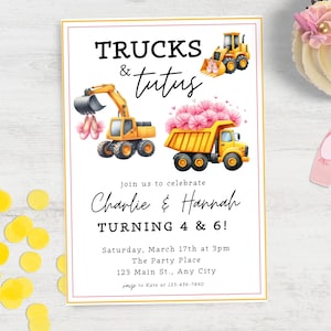 Editable Trucks and TuTus Joint Birthday Invitation Twin Boy Girl Birthday Invite Sibling Construction Tutus Party Instant Digital Download