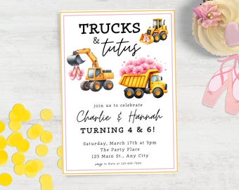 Editable Trucks and TuTus Joint Birthday Invitation Twin Boy Girl Birthday Invite Sibling Construction Tutus Party Instant Digital Download