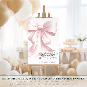 Różowa kokardka na powitanie na baby shower Nowoczesny różowy rumieniec na wejściu Kokietka Elegancka dziewczynka Canva Edytowalna Natychmiastowa cyfrowa wersja do pobrania zdjęcie 2