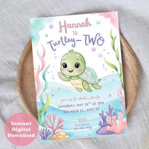 Editable Turtle Birthday Invitation Turtley Awesome Two Party Invite Second Bday Invite Sea Animal Under the Sea Instant Digital Download