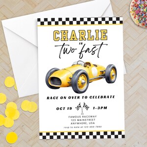 編集可能なレースカーの誕生日招待状テンプレート、ビンテージ レースカーの招待状、2 回目の誕生日の印刷可能な招待状、レーシングのインスタント デジタル ダウンロード
