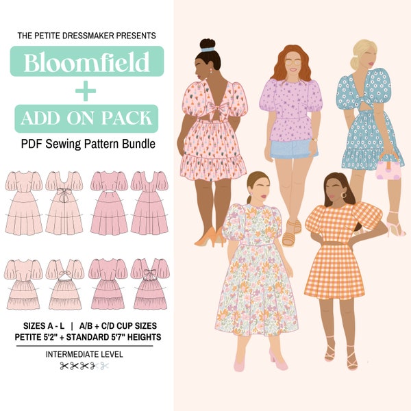 PDF Schnittmuster-Bundle: Bloomfield + Add-On Pack Digital PDF Kleid Schnittmuster | 12 Größen | Puff Ärmel Party Kleid