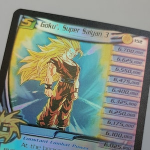 May include: A holographic trading card featuring Goku, Super Saiyan 3, from the Dragon Ball Z series. The card has a black border and includes text describing combat power and character stats. The image shows Goku with spiky yellow hair and an orange gi.