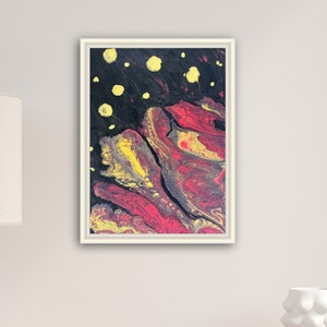 May include: Abstract painting with red, yellow, and black paint swirls. The background is black with yellow dots.