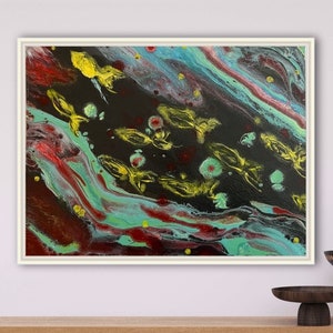 Digital product of original cosmos art. Fantasy abstract poster of unusual fishes and cosmos seeds. Optimistic wall art with cosmic fishes.