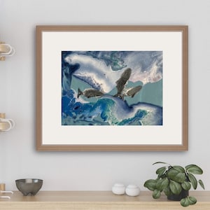 Ballenas en el océano, arte original. Imagen meditativa. Póster de buenas vibras.