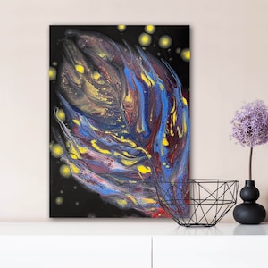 Impresión profesional de hojas abstractas. Impresión de pintura galáctica del cosmos. De la pintura artística original de hojas cósmicas.