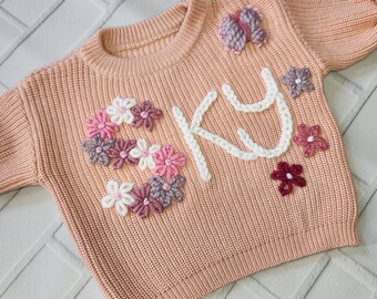 Flower initial sweater, Hand embroidered  Baby sweater,Personalized baby sweater, newborn sweater,Name sweater, Baby shower gift, baby gift.