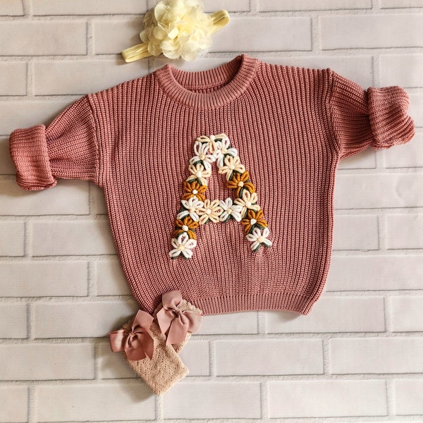 Floral initial sweater, Hand embroidered Name sweater, Personalized newborn Baby sweater, Baby sweater with name, baby shower gift,gift baby