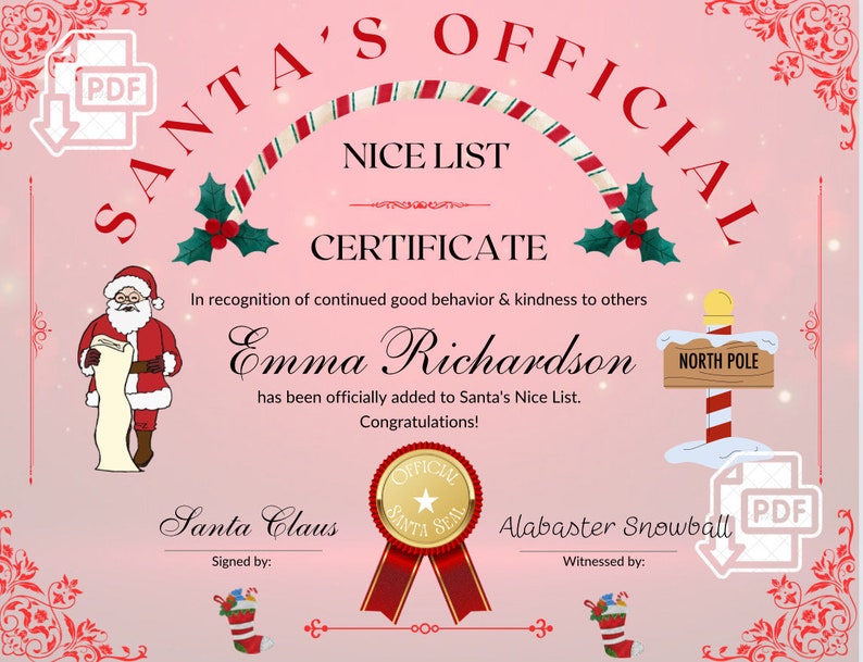 Editable Red Nice List Certificate Printable Santas Official Nice List Certificate Template ...