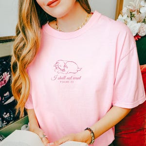 Puede incluir: Una camiseta rosa con un contorno rosa de un cordero durmiendo y el texto "No tendré falta, Salmos 23".
