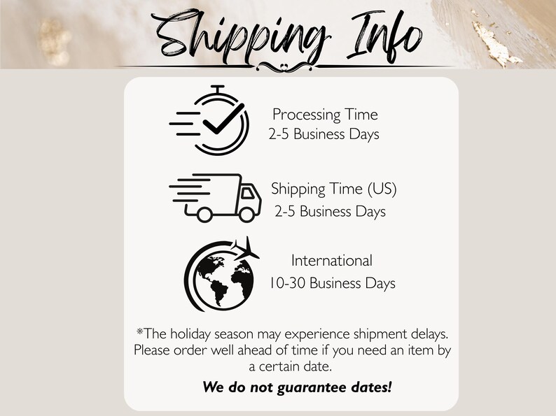 text and icons related to shipping information, including processing time, shipping time, and international shipping.