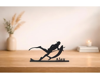 Spearfishing Personalized Figures, 3D Printed Line Art, Spearfishing Statue with Name, Fishing Man Figurine, Gift for Sea Lovers, Home Decor