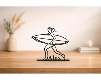 Surfer Personalized Figure, 3D Printed Line Art, Surfer Sculpture, Water Sports Gift Idea, Surf Decorations, Customized Surfing Gift Surfer